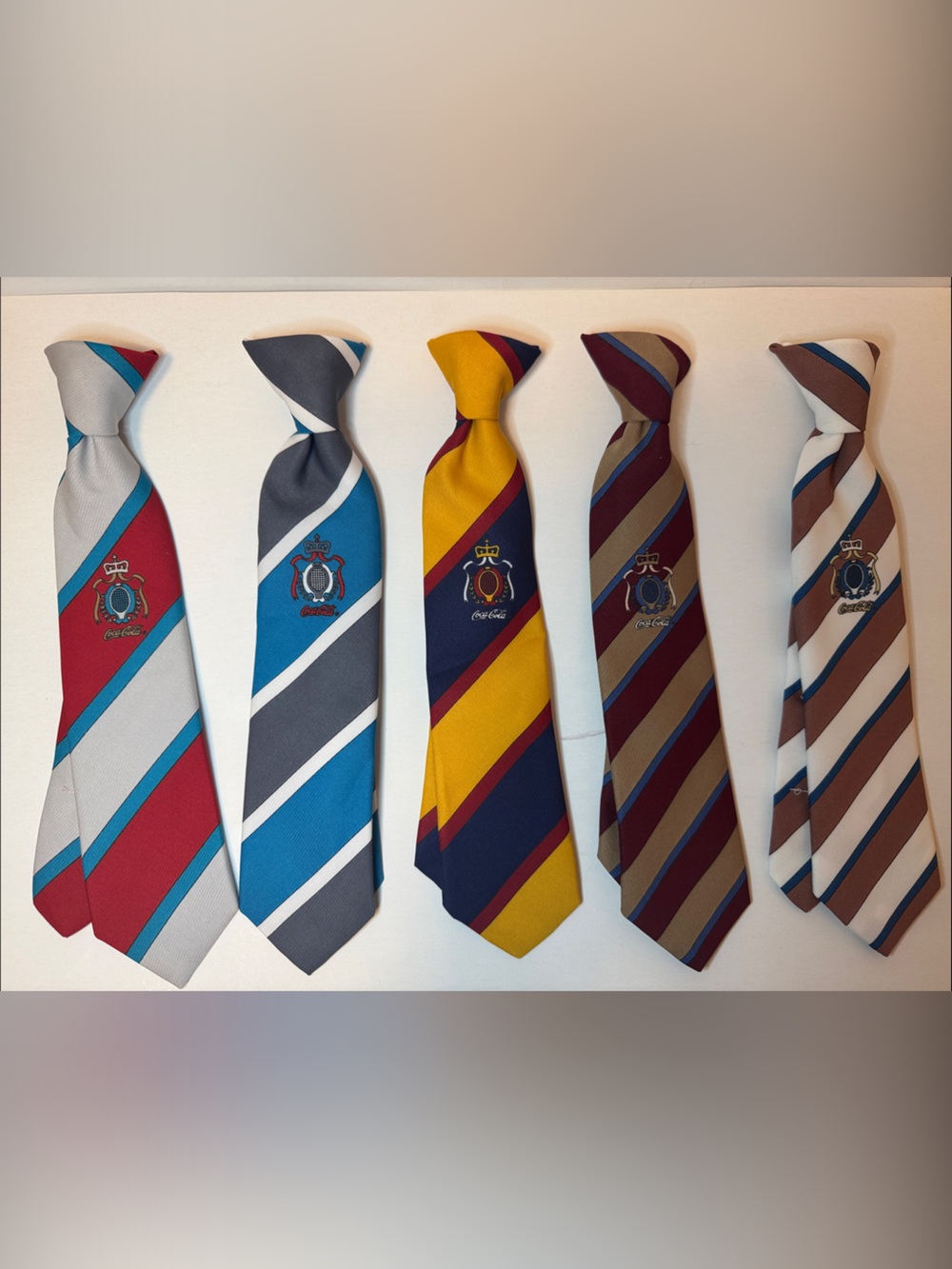 Coca Cola Striped Crest Ties in Red, Blue, Yellow, Gray and Brown